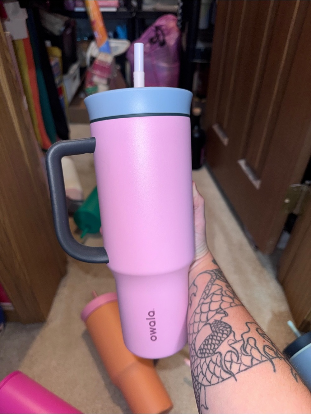Owalo Pink & Light Blue Travel Tumbler with Handle